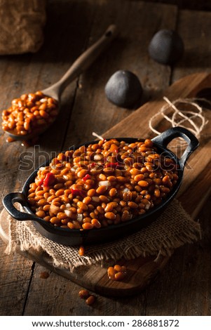 Homemade Barbecue Baked Beans in a Black Skillet