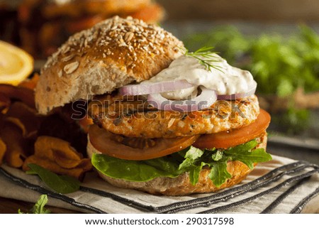Homemade Organic Salmon Burger with Tartar Sauce