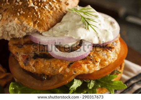 Homemade Organic Salmon Burger with Tartar Sauce