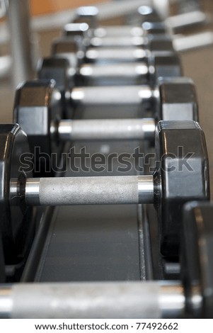 Black weights on a rack in a gym