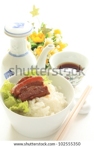 Chinese cuisine, simmered pork and lettuce on rice
