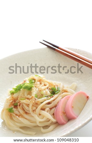 Japanese cuisine, cold Udon noodle with sesame sauce and Kamaboko