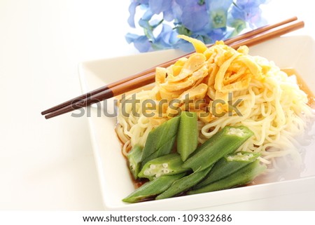 Japanese summer food, Okura and fried cold noodle with sauce on white dish