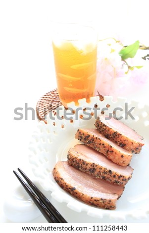 Smoked duck steak and japanese plum wine