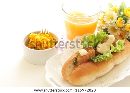 Japanese food, fried chicken in hotdog style for school canteen food image