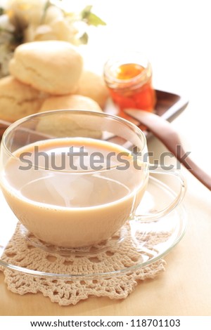 Milk tea with Scotland food scone for gourmet English breakfast image