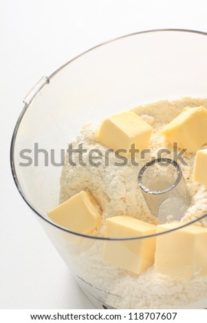 butter and flour in food processor for home bakery image