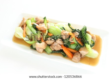 chinese cuisine, green leaf vegetable and chicken stir fry