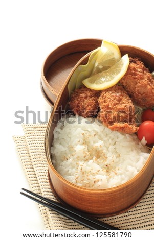 japanese cuisine, deep fried oyster and rice packed lunch