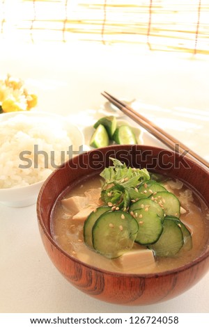 japanese cuisine, rice cold tofu miso soup for regional summer food image