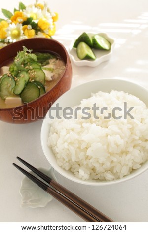 japanese cuisine, rice cold tofu miso soup for regional summer food image
