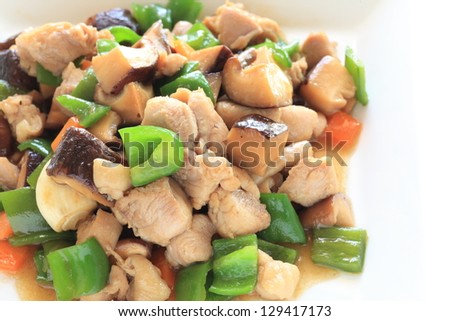 chinese cuisine, variety vegetable and chicken cube stir fried on square dish