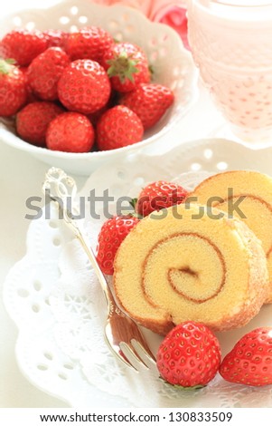 gourmet honey roll cake and strawberry milk for spring food image