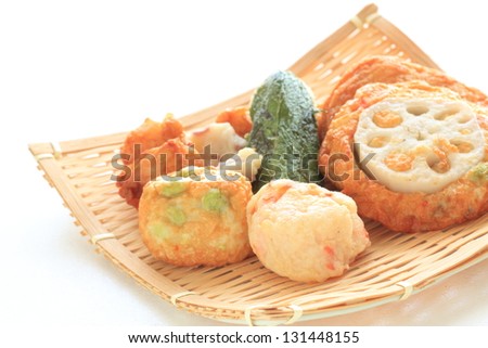 japanese food, assorted of satsumaage fish cake and ball on bamboo basket