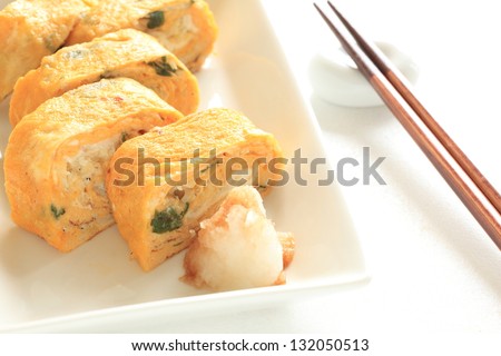 japanese cuisine, shizo herb and small sardine in fried egg roll