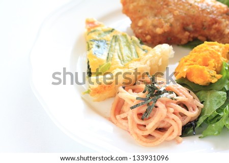 fried chicken with quiche and salad on dish for buffet food image
