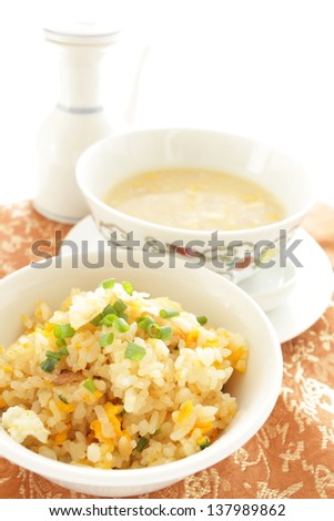 chinese cuisine, pork and egg fried rice and chicken corn soup