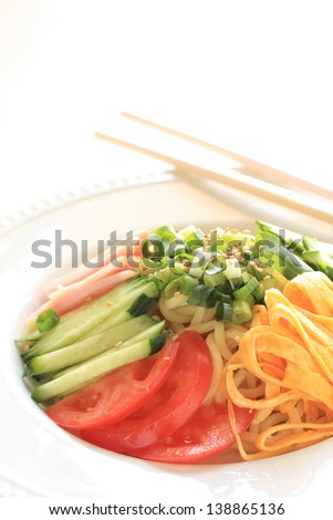 chinese cuisine, cold noodles with sliced vegetabl and ham Hiyashichuka
