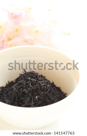 japanese food ingredient, dried Hijiki brown seaweed in bowl with copy space for dietary fiber image