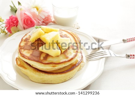 gourmet food, Pan cake and pineapple with milk on background