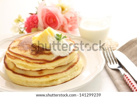 gourmet food, Pan cake and pineapple with milk on background,