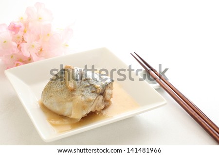 freshness Mackerel blue fish simmered in Miso for reducing the occurrence of cardiovascular disease Japanese cuisine image