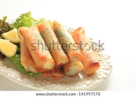 asian food, celery and carrot spring roll on white dish