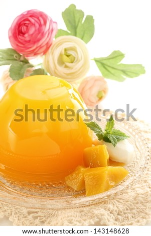 Gourmet dessert, Nata de coco in Mango Jelly served with cut fruit