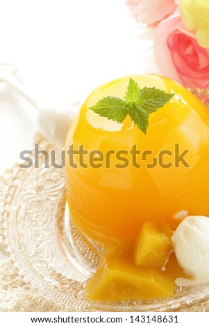 Gourmet dessert, Nata de coco in Mango Jelly served with cut fruit