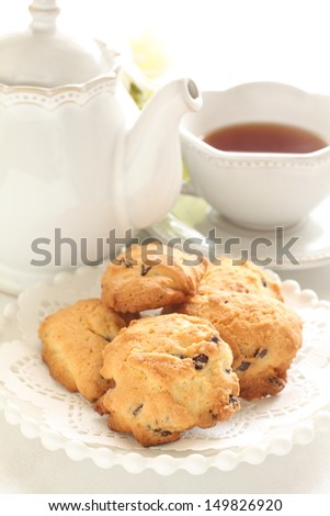Homemade chocolate chips cookie and English tea