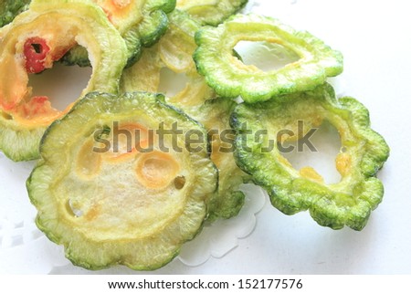 dried vegetable, close up of sliced bitter melon