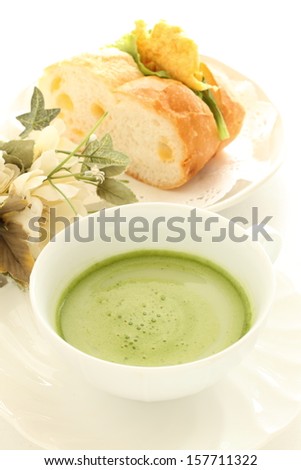 Japanese drink, Matcha Latte Cup of green tea with sandwich on background