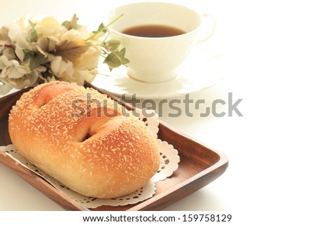 home bakery, deep fried curry in bread and black coffee for Japanese food image