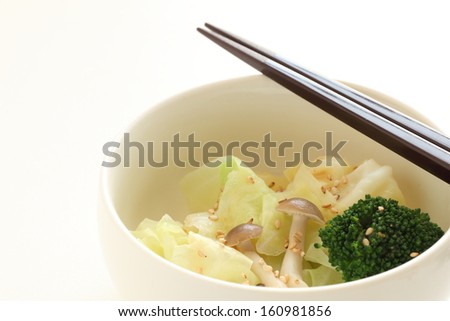 Japanese food,steamed cabbage and broccoli with sesame sauce for healthy food image