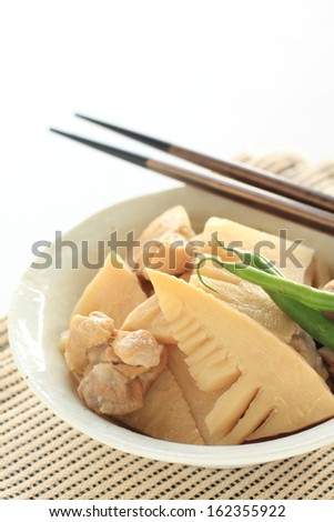 Japanese spring food, simmered bamboo shoot and chicken
