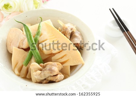 Japanese spring food, simmered bamboo shoot and chicken