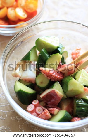 Japanese cooking, octopus and vegetable salad ingredient