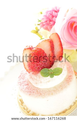 Lovey strawberry mousse cake on white background,
