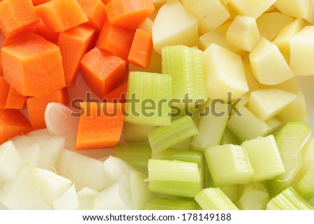 chopped celery, potato, carrot and onion for prepared food image