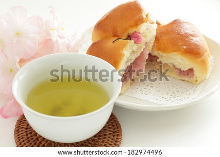 Japanese spring food, green tea and Sakura paste bread