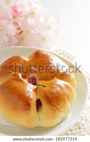 Japanese sweat bun, Anpan bread with sakura paste for spring food image