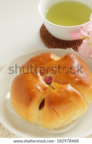 Japanese sweet bun, Anpan bread with sakura paste for spring food image