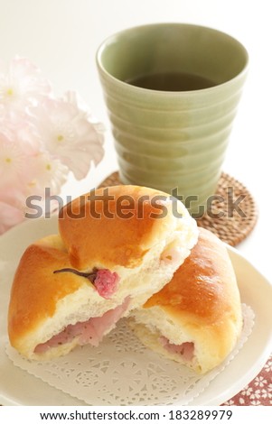 Japanese sweet bun, Anpan bread with sakura paste for spring food image