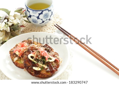 Osaka soul food, Okonomiyaki Cabbage pan cake with mayonnaise sauce and beni shoga on top
