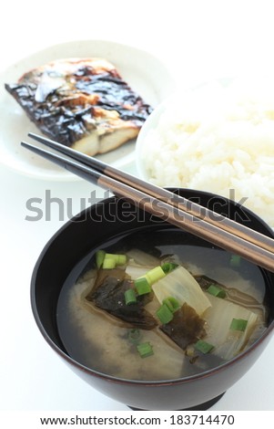 Japanese food, chinese cabbage and algae Miso soup with grilled fish