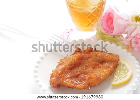 Asian food, fried chicken with sweet chili sauce served with iced tea for cafe food image