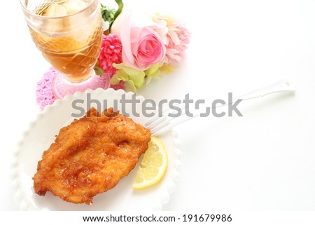Asian food, fried chicken with sweet chili sauce served with iced tea for cafe food image