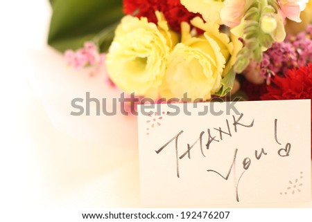 Hand written Thank you card and carnation bouquet for Mother\'s day image
