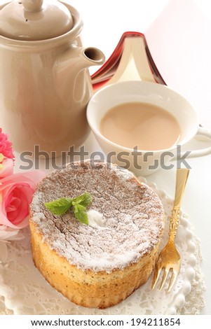 Home bakery, Chiffon cake with mint on top for gourmet dessert image