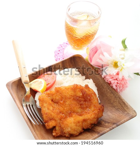 Asian food, fried chicken with sweet chili sauce and rice for gourmet lunch image